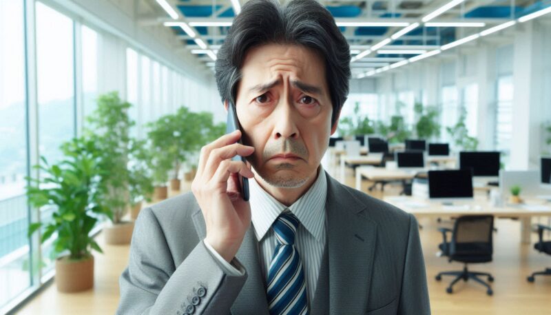 親が倒れたと連絡を受けたが、仕事中ですぐに行けないと焦っている画像